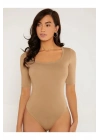 bysoca Kadın Bej U Yaka Kısa Kol Vücudu Saran Sandy Kumaş Tanga Basic Bodysuit
