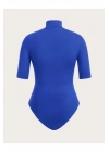 bysoca Kadın Saks Mavisi Balıkçı Yaka Kısa Kol İpek Jarse Vücudu Saran Basic Bodysuit