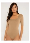 bysoca Kadın Bej U Yaka Kısa Kol Vücudu Saran Sandy Kumaş Tanga Basic Bodysuit