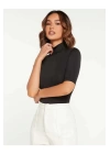 bysoca Kadın Siyah Balıkçı Yaka Kısa Kol İpek Jarse Vücudu Saran Basic Bodysuit