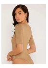 bysoca Kadın Bej U Yaka Kısa Kol Vücudu Saran Sandy Kumaş Tanga Basic Bodysuit