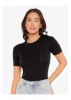 bysoca Kadın Siyah Bisiklet Yaka Kısa Kol Vücudu Saran Sandy Kumaş Tanga Basic Bodysuit