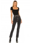 bysoca Kadın Siyah Kare Yaka Kısa Kol Vücudu Saran Jarse Tanga Basic Bodysuit