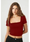 Kadın Bordo Kare Yaka Kısa Kollu Çift Kat Sandy Kumaş Basic Body Crop Tişört