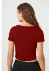 Kadın Bordo Kare Yaka Kısa Kollu Çift Kat Sandy Kumaş Basic Body Crop Tişört