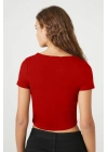 Kadın Kırmızı Kare Yaka Kısa Kollu Çift Kat Sandy Kumaş Basic Body Crop Tişört