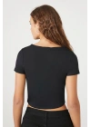 Kadın Siyah Kare Yaka Kısa Kollu Çift Kat Sandy Kumaş Basic Body Crop Tişört