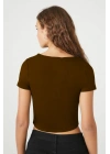 Kadın Kahverengi Kare Yaka Kısa Kollu Çift Kat Sandy Kumaş Basic Body Crop Tişört