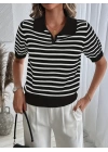 Kadın Kısa Kol Polo Yaka çizgi Desen Triko Bluz