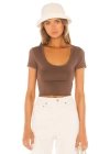 bysoca Kadın Kahverengi U Yaka Kısa Kol İpek Jarse Vücudu Saran Basic Crop Top