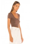 bysoca Kadın Kahverengi U Yaka Kısa Kol İpek Jarse Vücudu Saran Basic Crop Top