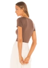 bysoca Kadın Kahverengi U Yaka Kısa Kol İpek Jarse Vücudu Saran Basic Crop Top