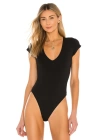 bysoca Kadın Siyah V Yaka Kısa Kol Vücudu Saran Jarse Tanga Basic Bodysuit