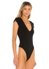 bysoca Kadın Siyah V Yaka Kısa Kol Vücudu Saran Jarse Tanga Basic Bodysuit
