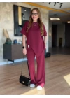 Kadın Kısa Kollu Bisiklet Yaka Asimetrik Viskon Iki Iplik Bluz Ve Pantolon Ikili Takım