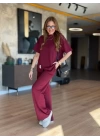 Kadın Kısa Kollu Bisiklet Yaka Asimetrik Viskon Iki Iplik Bluz Ve Pantolon Ikili Takım
