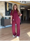 Kadın Kısa Kollu Bisiklet Yaka Asimetrik Viskon Iki Iplik Bluz Ve Pantolon Ikili Takım