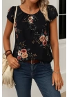 Kadın Kısa Kollu Bisiklet Yaka çiçek Baskılı Süprem Bluz
