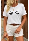 Kadın Kısa Kollu Bisiklet Yaka Göz Baskılı Süprem T-shirt