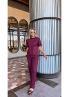 Kadın Kısa Kollu Bisiklet Yaka Omuzdan Düğmeli Viskon Iki Iplik Kısa Bluz Ve Pantolon Ikili Takım