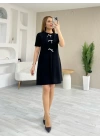 bysoca Kadın Günlük Kısa Kollu Bisiklet Yaka Desenli Kuşaklı örme Krep Midi Elbise - Desenli