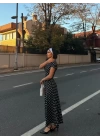 bysoca Kadın Kısa Kollu Puantiyeli Belden Oturtmalı Kloş Etekli Vintage Maksi Elbise - Siyah