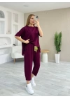 Kadın Kısa Kollu Bisiklet Yaka Viskon Iki Iplik Bluz Ve Pantolon Ikili Takım