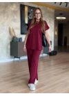 Kadın Kısa Kollu Bisiklet Yaka Viskon Iki Iplik Bluz Ve Pantolon Ikili Takım