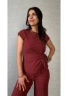 Kadın Kısa Kollu Bisiklet Yaka Yandan Bağlamalı Bürümcük Bluz Ve Pantolon Ikili Takım