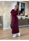 Kadın Kısa Kollu Bisiklet Yaka Yandan Bağlamalı Viskon Iki Iplik Elbise