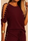 Kadın Kısa Kollu Bisiklet Yaka Yarı Açık Omuz Inci Detaylı Short T-shirt Viskon Ikili Takım