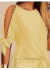 Kadın Kısa Kollu Bisiklet Yaka Yarı Açık Omuz Inci Detaylı Short T-shirt Viskon Ikili Takım