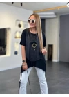 Kadın Kısa Kollu Bisiklet Yaka Yelek Bluz Asimetrik Kesim İkili Takım