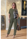 Kadın Kısa Kollu Bisiklet Yaka Zebra Desen Bluz Ve Pantolon Ikili Takım
