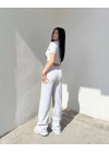 Kadın Kısa Kollu Bluz Ve Yüksek Bel Bol Baça Pantolon Ikili Takım