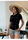 Kadın Kısa Kollu Degaje Yaka Düğme Detay Viskon Bluz