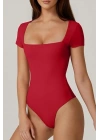 Kadın Kırmızı Kare Yaka Kısa Kol Alttan Çıtçıtlı Çift Kat İpek Jarse Basic Tanga Bodysuit