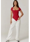 Kadın Kırmızı Kare Yaka Kısa Kol Alttan Çıtçıtlı Çift Kat İpek Jarse Basic Tanga Bodysuit