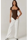 Kadın Kahverengi Kare Yaka Kısa Kol Alttan Çıtçıtlı Çift Kat İpek Jarse Basic Tanga Bodysuit
