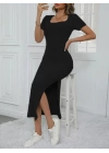 Kadın Kısa Kollu Kare Yaka Yandan Yırtmaçlı Fitilli Kaşkorse Elbise