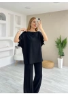 Kadın Kısa Kollu Kayık Yakalı Dikiş Izi Detaylı Viskon Iki Iplik Bluz Ve Pantolon Ikili Takım