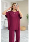 Kadın Kısa Kollu Kayık Yakalı Dikiş Izi Detaylı Viskon Iki Iplik Bluz Ve Pantolon Ikili Takım
