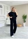 Kadın Kısa Kollu Kayık Yakalı Dikiş Izi Detaylı Viskon Iki Iplik Bluz Ve Pantolon Ikili Takım