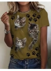 Kadın Kısa Kollu Kedi Ve Pati Baskılı Süprem T-shirt