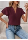 Kadın Kısa Kollu Kelebek Kollu V Yakalı Sandy Bluz