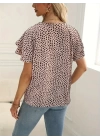 Kadın Kısa Kollu Kolları Volanlı Baskılı Süprem Bluz