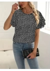 Kadın Kısa Kollu Kolları Volanlı Baskılı Süprem Bluz