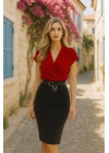 Kadın Kısa Kollu Kruvaze Yaka Krep Elbise (Kemersiz)
