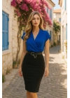 Kadın Kısa Kollu Kruvaze Yaka Krep Elbise (Kemersiz)