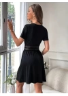 Kadın Kısa Kollu Kruvaze Yakalı Belden Dantelli Kaşkorse Elbise